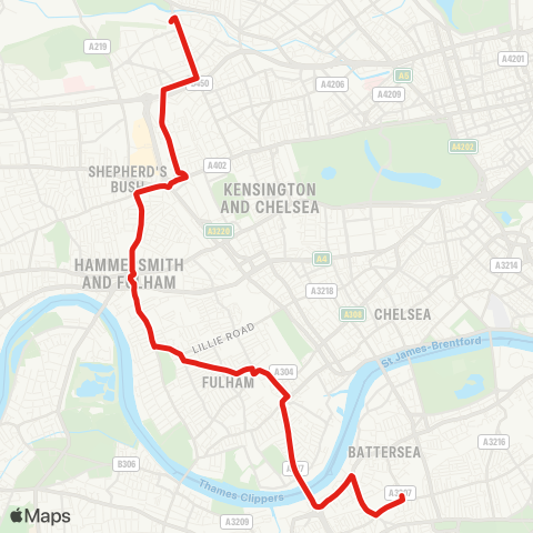 TfL Ladbroke Grove, Sainsbury's - Latimer Rd - Shepherds Bush - Hammersmith - Fulham Bway - Wandsworth Bridge - Clapham Jct map