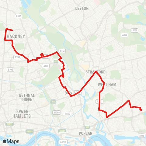 TfL Newham Hosp - Canning Town - W Ham Sta - Stratford - Bow - Old Ford - Hackney Wick - Homerton Hosp - Hackney Central - Stoke Newington map