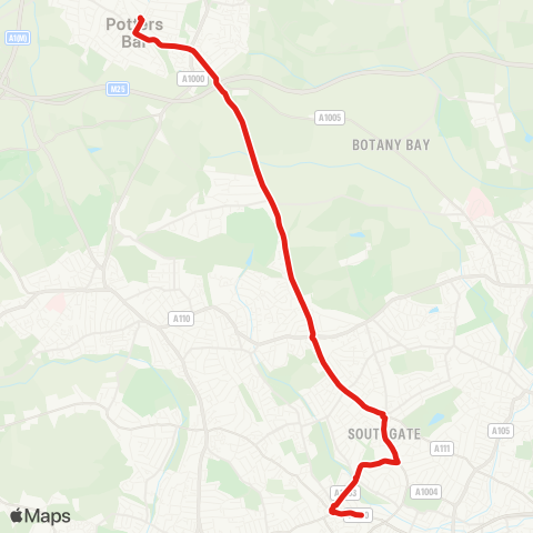 TfL Arnos Grove - Waterfall Rd - Southgate - Chase Side - Cockfosters - Stagg Hill - Southgate Rd - Potters Bar Sta map