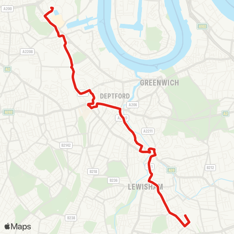 TfL Hither Green - Lewisham - Brookmill Rd - Deptford Bridge - New Cross - Deptford Pk - Surrey Quays - Canada Water map