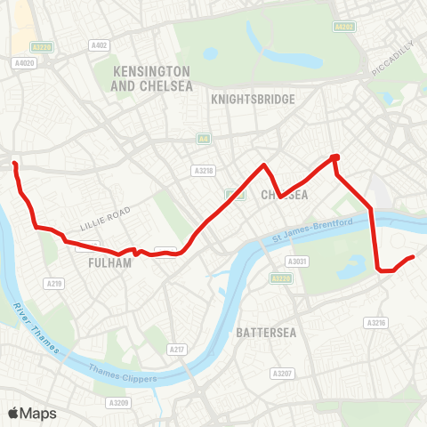 TfL Hammersmith - Charing Cross Hosp - Dawes Rd - Fulham Bway - Chelsea & Westminster Hosp - Chelsea - Sloane Square - Battersea Pk - Battersea Power Sta map
