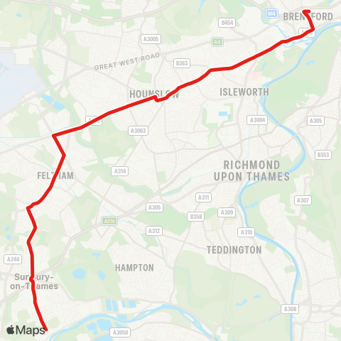 TfL Sunbury Village - Feltham - Hounslow Heath - Hounslow - Isleworth - Brentford - N Brentford Quarter map