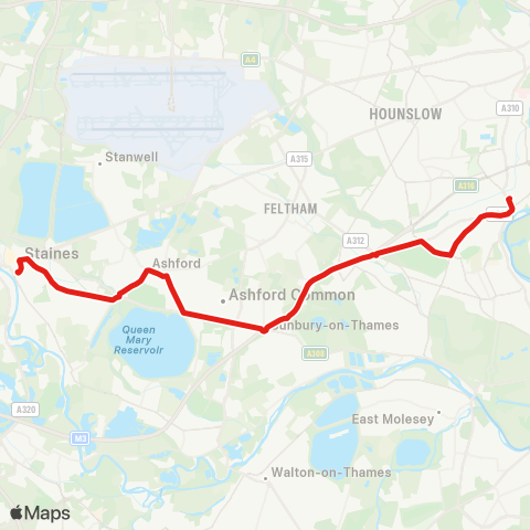 TfL Staines - Ashford - Ashford Common - Sunbury Cross - Hampton Sainsbury's - Fulwell - Twickenham map