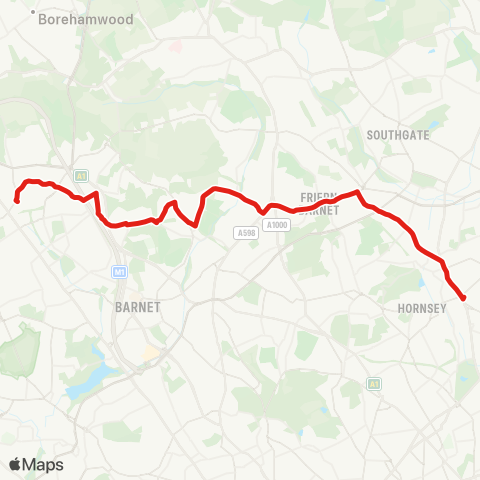 TfL Edgware Sta - Mill Hill Bway - Mill Hill E - Woodside Pk - N Finchley - Friern Barnet - New Southgate - Bounds Green - Wood Green - Turnpike Ln Sta map