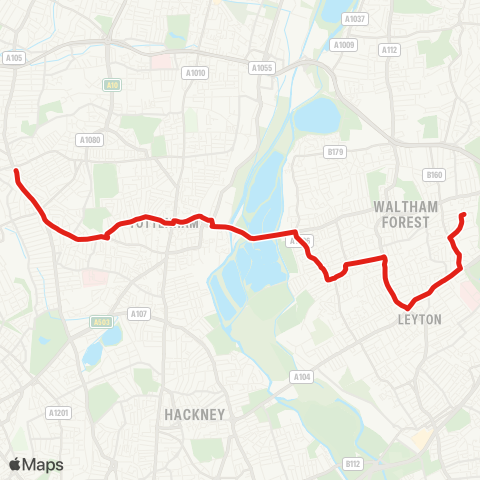 TfL Upper Walthamstow - Wood St Sta - Bakers Arms - Walthamstow Central - Blackhorse Rd - Tottenham Hale - Seven Sisters - W Green - Turnpike Ln Sta - Wood Green map