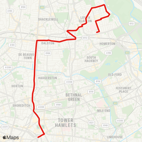 TfL Homerton Hosp - Clapton Pk Millfields - Hackney Central - Dalston Jct - Haggerston - Hoxton - Shoreditch - Commercial St - Aldgate map