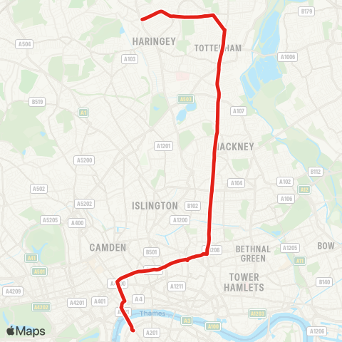 TfL Wood Green - Lordship Ln - Tottenham - Stamford Hill - Stoke Newington - Dalston - Shoreditch - Old St - Clerkenwell Rd - Holborn - Aldwych - Waterloo map