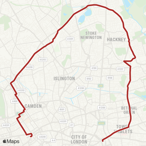 TfL Aldgate - Bethnal Green - Cambridge Heath - Hackney Central - Clapton - Stamford Hill - Manor House - Finsbury Pk - Holloway - Camden - Euston - Tottenham Court Rd map