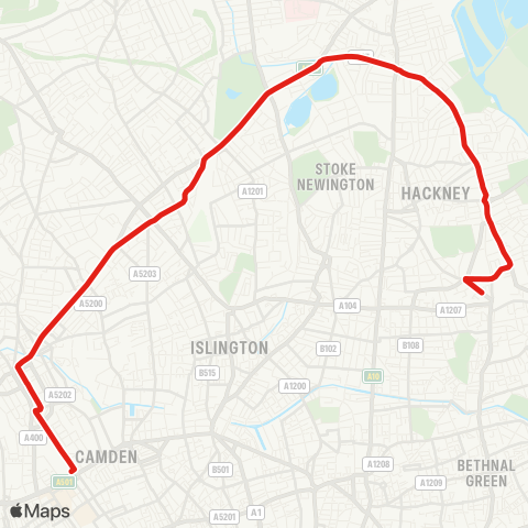 TfL Hackney Central - Clapton - Stamford Hill - Manor House - Finsbury Pk - Holloway Nags Head - Camden Rd - Camden Town - Eversholt St - Euston map