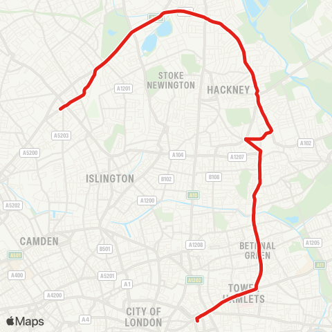 TfL Aldgate - Whitechapel - Bethnal Green - Cambridge Heath - Hackney Central - Clapton - Stamford Hill - Manor House - Finsbury Pk - Holloway, Nags Head map