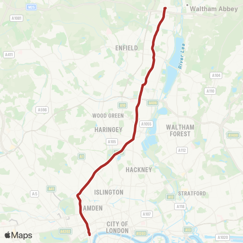 TfL Waltham Cross - Freezywater - Enfield Wash - Enfield Hwy - Ponders End - Edmonton - Tottenham - Manor House - Finsbury Pk - Holloway - Camden - Tottenham Court Rd - Trafalgar Square map