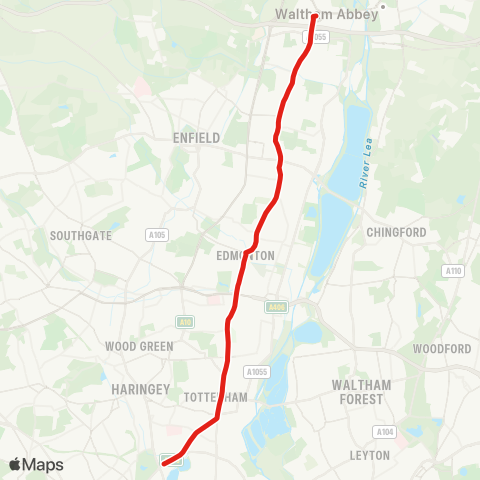 TfL Waltham Cross - Freezywater - Enfield Hwy - Ponders End - Edmonton - Tottenham - Manor House map