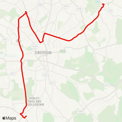 TfL Elmers End - Addiscombe - Windmill Bridge - W Croydon - Broad Green - Croydon Univ Hosp - Thornton Heath Pond - Purley Way - Waddon - Purley map