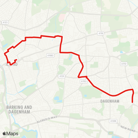 TfL Ilford - Seven Kings - Wards Rd - Goodmayes - Becontree (Martin's Corner) - Dagenham Heathway - Reede Rd - Dagenham E map