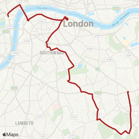 TfL Trafalgar Square - Stamford St - London Bridge - Elephant & Castle - Peckham - Nunhead - New Cross Gate map