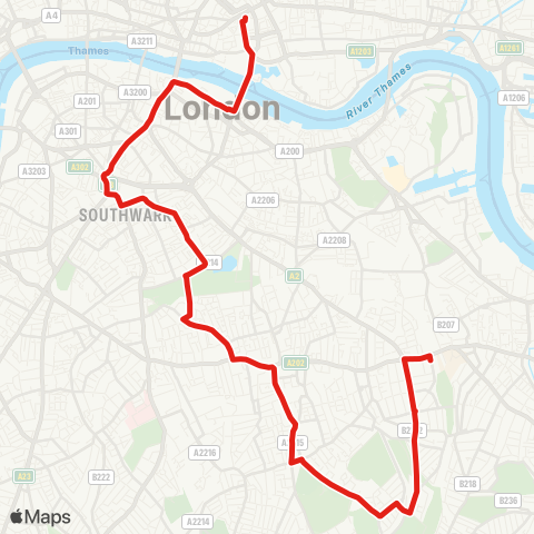 TfL Aldgate - Tower Bridge - City Hall - Elephant & Castle - Aylesbury Estate - Southampton Way - Peckham - Nunhead - New Cross Gate map