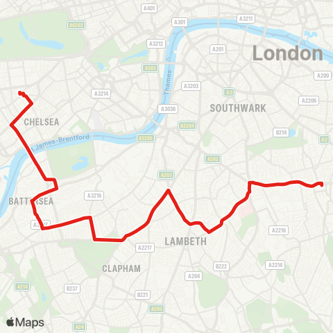 TfL Peckham - Camberwell - Loughborough Jct - Brixton - Stockwell - Clapham N, Common & Jct - Battersea - S Kensington map