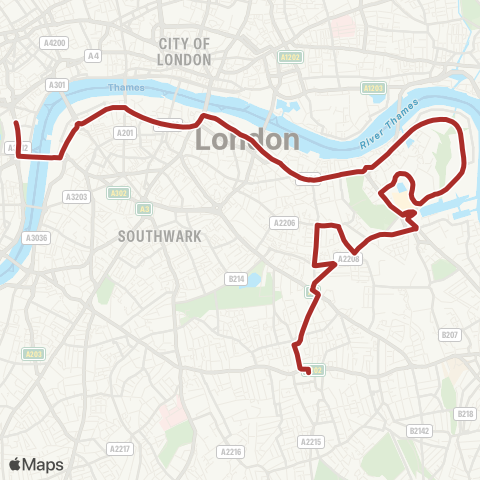 TfL Peckham - Surrey Quays - Canada Water - Rotherhithe - Bermondsey - London Bridge - Waterloo - Whitehall, Horse Guards map