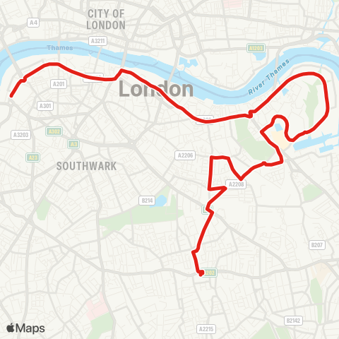 TfL Peckham - S Bermondsey - Surrey Quays - Canada Water - Rotherhithe - Bermondsey - London Bridge - Waterloo map