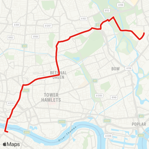 TfL Stratford City - Hackney Wick - Victoria Pk - Cambridge Heath - Bethnal Green - Shoreditch - Liverpool St - London Bridge map