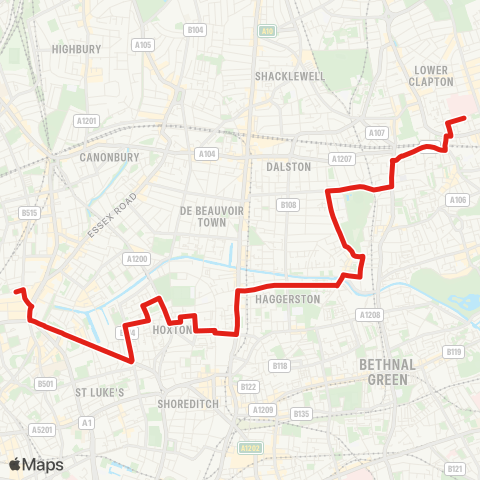 TfL Homerton Hosp - Hackney - Trelawney Estate - Bway Market - Hoxton - Islington, Angel map