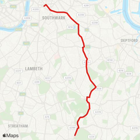 TfL Crystal Palace - Sydenham Hill - Honor Oak - Peckham - Burgess Pk - Old Kent Rd - Bricklayers Arms - Elephant & Castle map