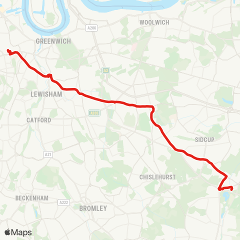 TfL Foots Cray, Tesco - Sidcup - New Eltham - Eltham - Eltham Green - Lee Green - Lewisham - New Cross Gate map