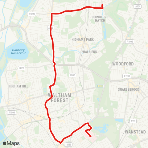 TfL Chingford Hatch - Chingford Mt - Crooked Billet - Walthamstow - Bakers Arms - Whipps Cross map