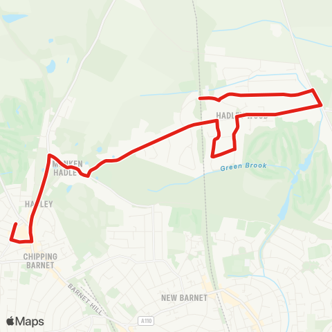 TfL Barnet, The Spires - Dury Rd - Camlet Way - Beech Hill Av - Beech Hill - Lancaster Av - Hadley Wood Sta map