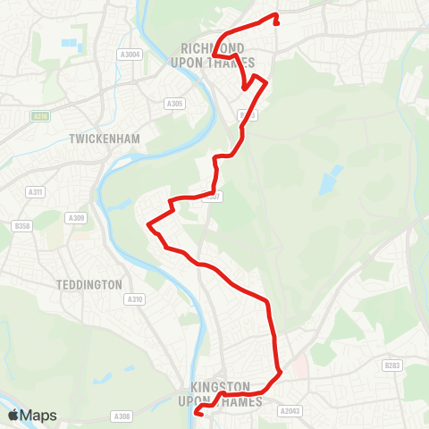 TfL Richmond, Manor Circus - Richmond Town Ctr and Sta - Richmond Hill - Ham - Tudor Dr - Norbiton - Kingston map