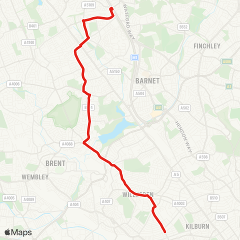 TfL Mill Hill Bway - Deansbrook Rd - Orange Hill - Burnt Oak - Stag Ln - Kingsbury Green - Neasden - Dudden Hill Ln - Willesden - Chamberlayne Rd - Kensal Rise map