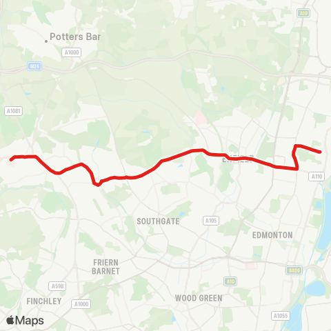 TfL Brimsdown - Enfield Hwy - Southbury - Enfield Town - Oakwood - E Barnet Village - New Barnet - High Barnet - Barnet Hosp map