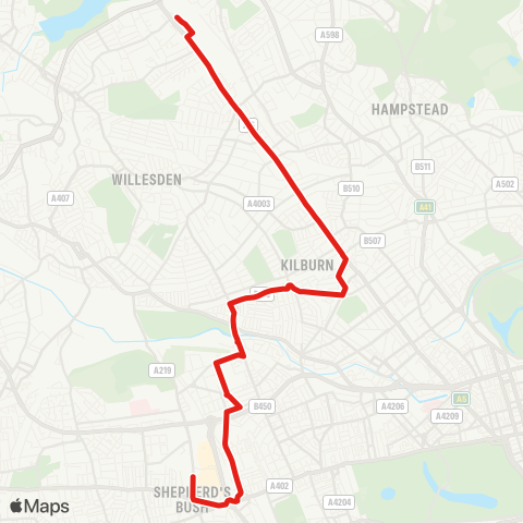 TfL Brent Cross W Sta - Cricklewood - Kilburn Sta - Kilburn High Rd - Kilburn Pk - Queens Pk - Ladbroke Grove Sainsbury's - Latimer Rd Sta - White City map