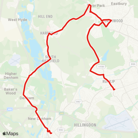 TfL Ruislip - Ladygate Ln - Ruislip Common - Northwood - Mt Vernon Hosp - Harefield - Denham - Uxbridge map