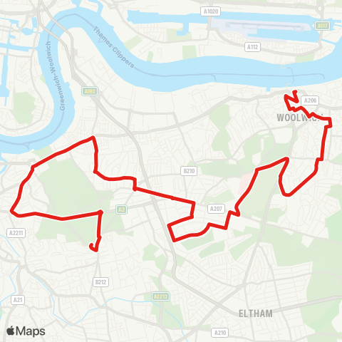 TfL Woolwich - Plumstead Common Rd - Queen Elizabeth Hosp - Blackheath (Royal Standard) - Greenwich - Blackheath Village map