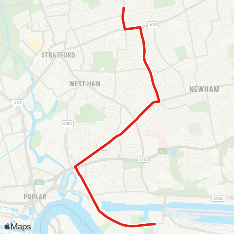 TfL Wanstead Pk - Forest Gate - Upton Pk - Plaistow - Canning Town - W Silvertown - Pontoon Dock map