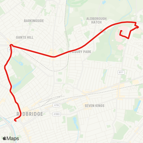 TfL King George Hosp - Little Heath - Newbury Pk - Gants Hill - Cranbrook Rd - Ilford map