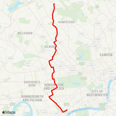 TfL Golders Green - W Hampstead - Kilburn - Westbourne Pk - Earls Court - Chelsea map