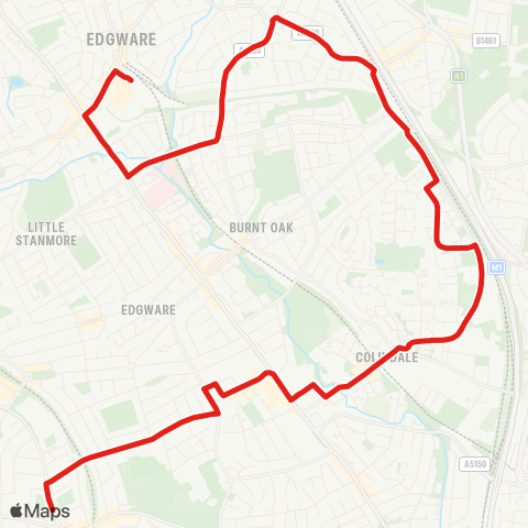 TfL Edgware Sta - Deans Ln - Hale Ln - Mill Hill Bway - Royal Air Force Museum - Grahame Pk (Quakers Course) - Colindale Sta and Superstores - Princes Av - Kingsbury Circle map