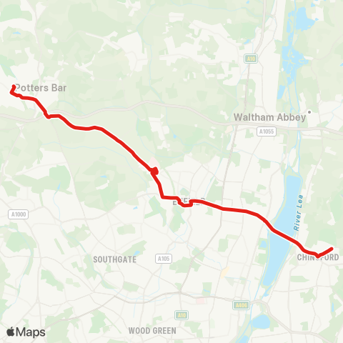 TfL Chingford Sta - Ponders End - Enfield - Botany Bay - Potters Bar map