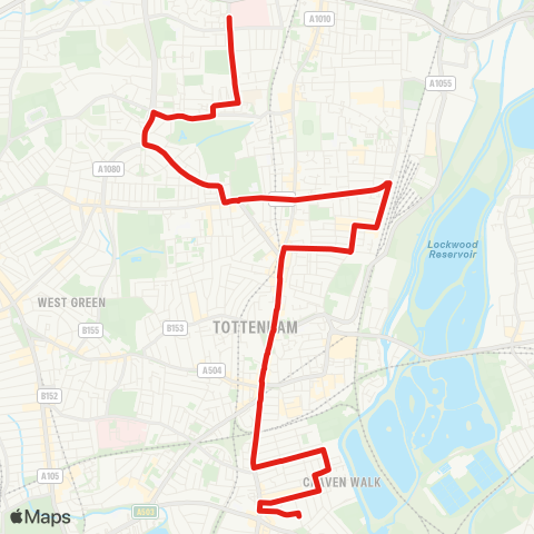 TfL N Middlesex Hosp - Bull Ln - The Roundway - Dowsett Rd - Tottenham - Seven Sisters - S Tottenham - Stamford Hill map