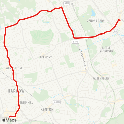 TfL Edgware - Whitchurch Ln - Canons Pk Sta - Marsh Ln - Stanmore Bway - Brockhurst Corner - Harrow Weald - Wealdstone - Harrow map