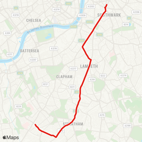 TfL Tooting Bway - Amen Corner - Southcroft Rd - Streatham - Streatham Hill - Brixton - Stockwell - Oval - Kennington - Elephant & Castle map