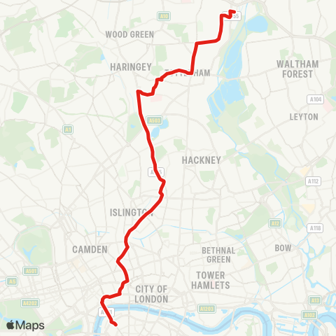 TfL Meridian Water, Glover Dr Superstores - Tottenham - Newington Green - Islington - Aldwych - Waterloo map