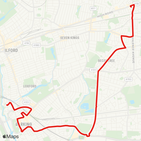 TfL Chadwell Heath - Mayesbrook Pk - Lodge Av - Rippleside - Ripple Rd - Barking Sta and Harts Ln map