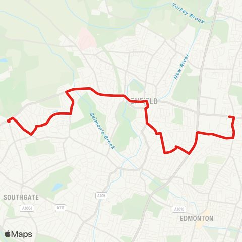 TfL Ponders End. Bus Garage - Bush Hill Pk - Enfield Town - Enfield Chase - Lonsdale Dr - Oakwood map