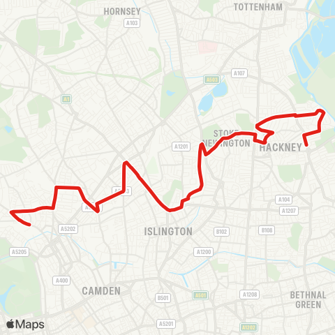 TfL Clapton Pond - Stoke Newington - Highbury - Holloway Rd - N Rd - Kentish Town - Chalk Farm map