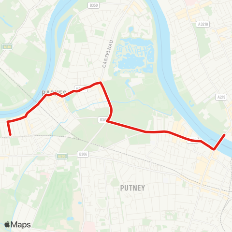 TfL Mortlake - Barnes Bridge Sta - Barnes Pond and Red Lion - Putney Common - Putney Bridge map