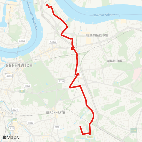 TfL Kidbrooke - Blackheath Royal Standard - Westcombe Hill - Westcombe Pk Sta - Millennium Leisure Pk - N Greenwich map