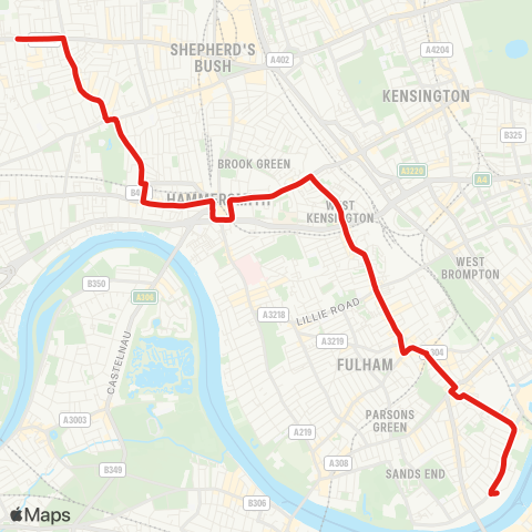 TfL Fulham, Sands End - Fulham Bway - W Kensington - Hammersmith - Ravenscourt Pk - Starch Green - Acton Vale map